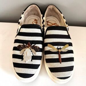 Sam Edelman Black & White Striped Embroidered Bee and Dragonfly Slip-On Sneakers